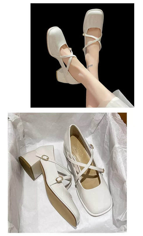 Square Toe Casual Brief Strap Block Heels